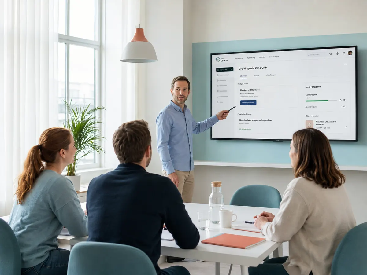 Trainer erklärt zwei Mitarbeitenden eine Anwendung am Laptop