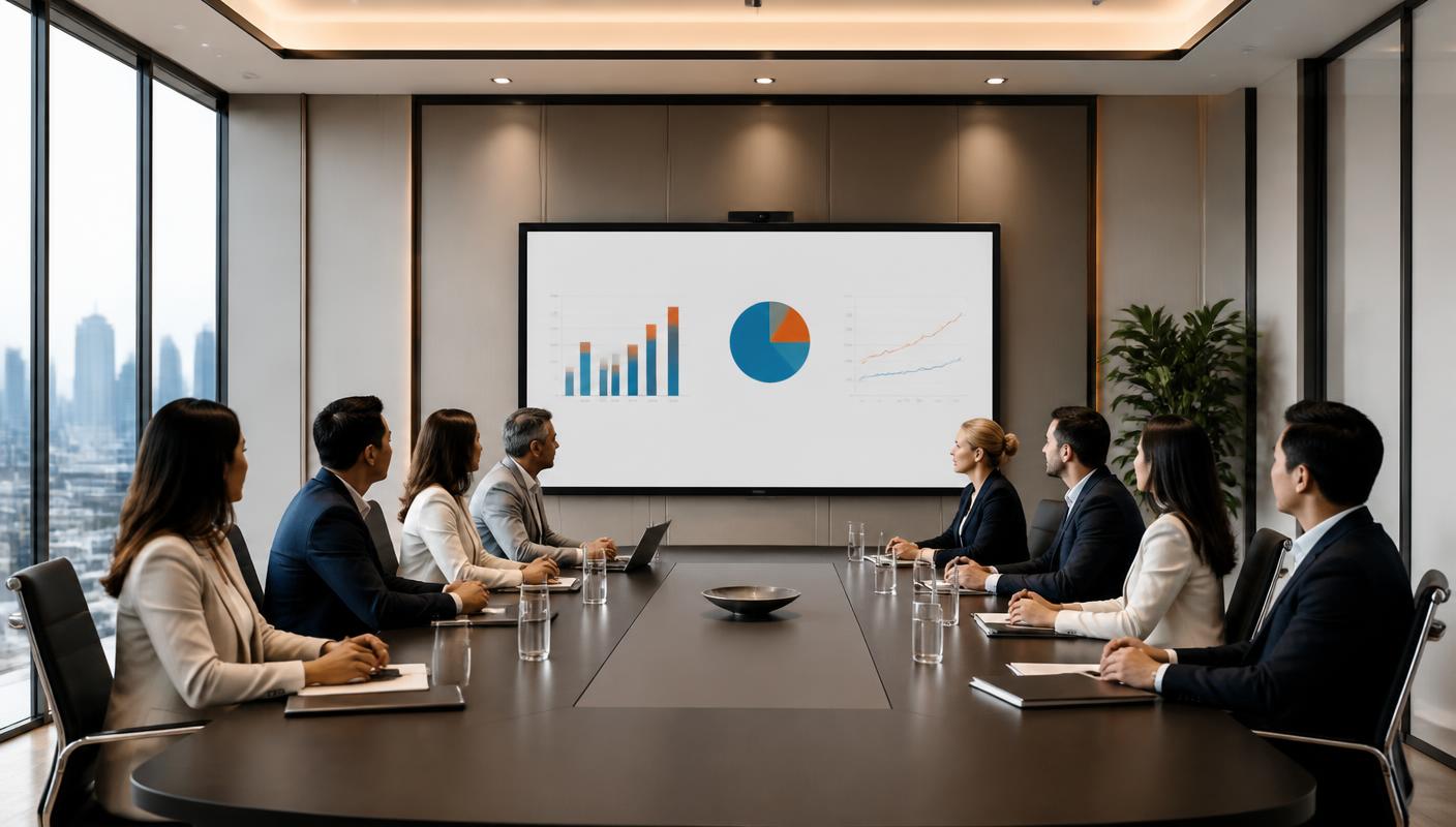 Großer Boardroom mit NearHub-Display: Führungskräfte in einer Präsentation