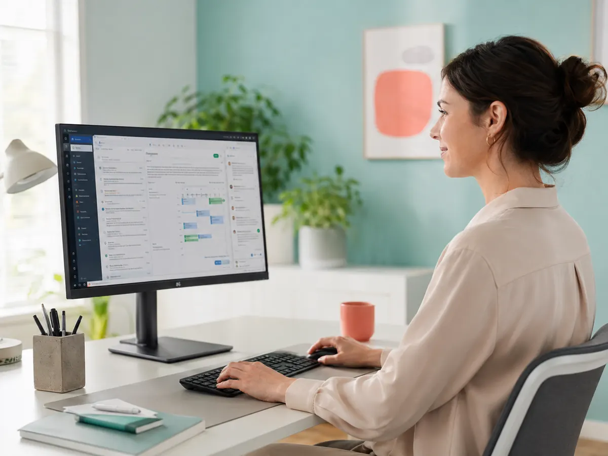 Mitarbeiterin arbeitet am digitalen Arbeitsplatz mit E-Mail und Kalender