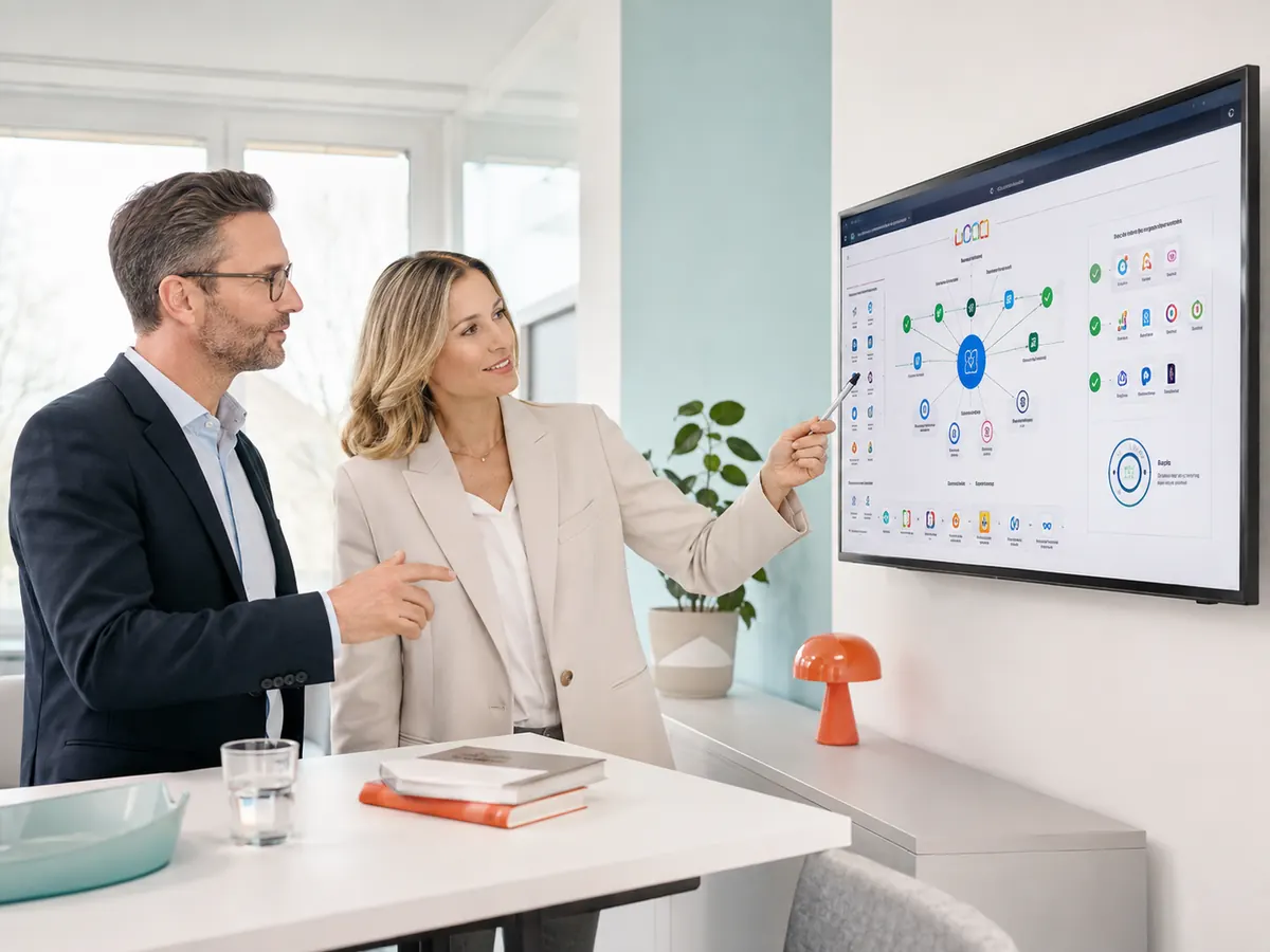 Laptop mit Cloud-Dashboard auf einem hellen Schreibtisch