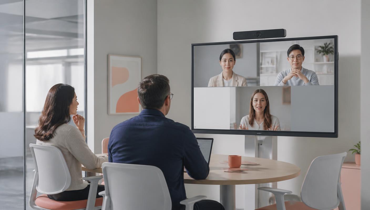 Huddle-Raum mit NearHub: Zwei Kolleginnen in einem Video-Call mit Remote-Teilnehmern