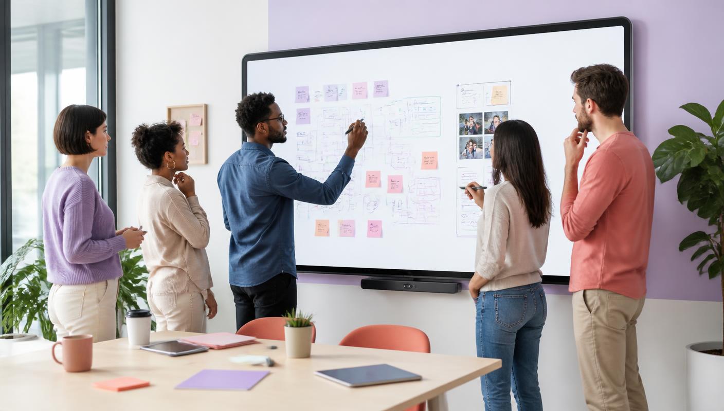 Kreativer Workshop am NearHub-Smartboard: Team arbeitet mit digitalen Sticky Notes