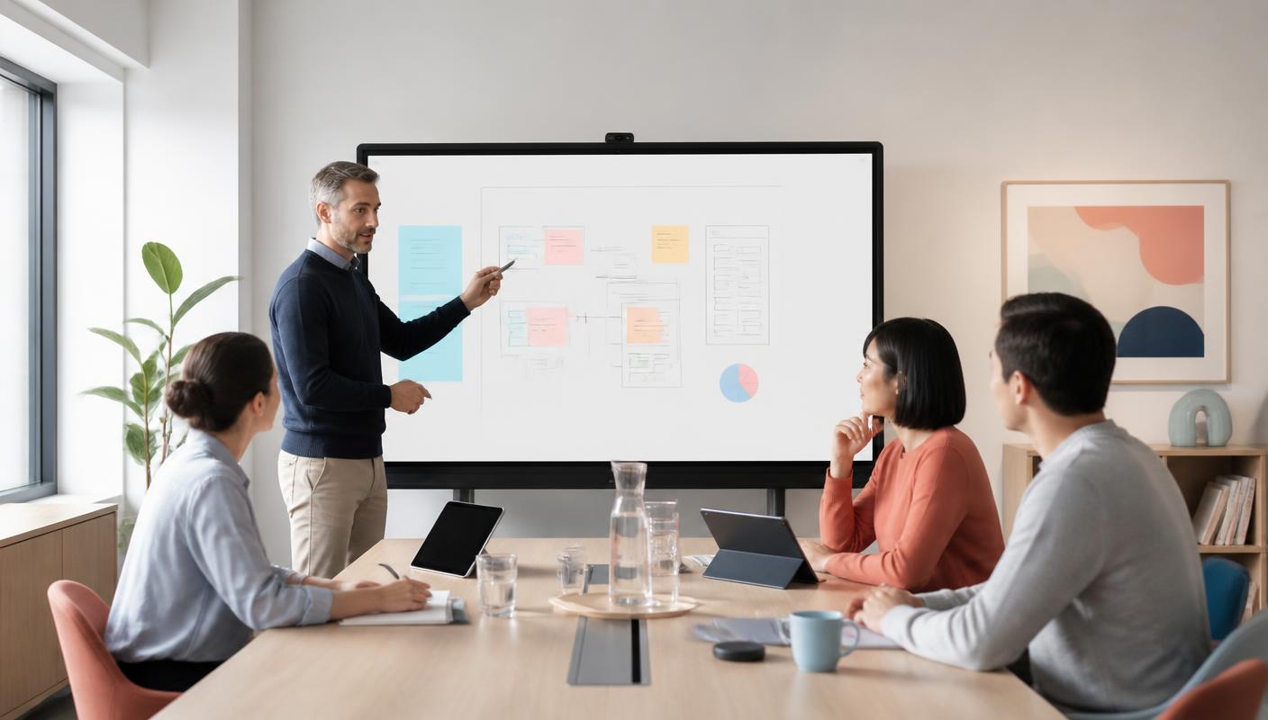 Meetingraum mit NearHub-Smartboard: Team bespricht Projektplan am digitalen Whiteboard
