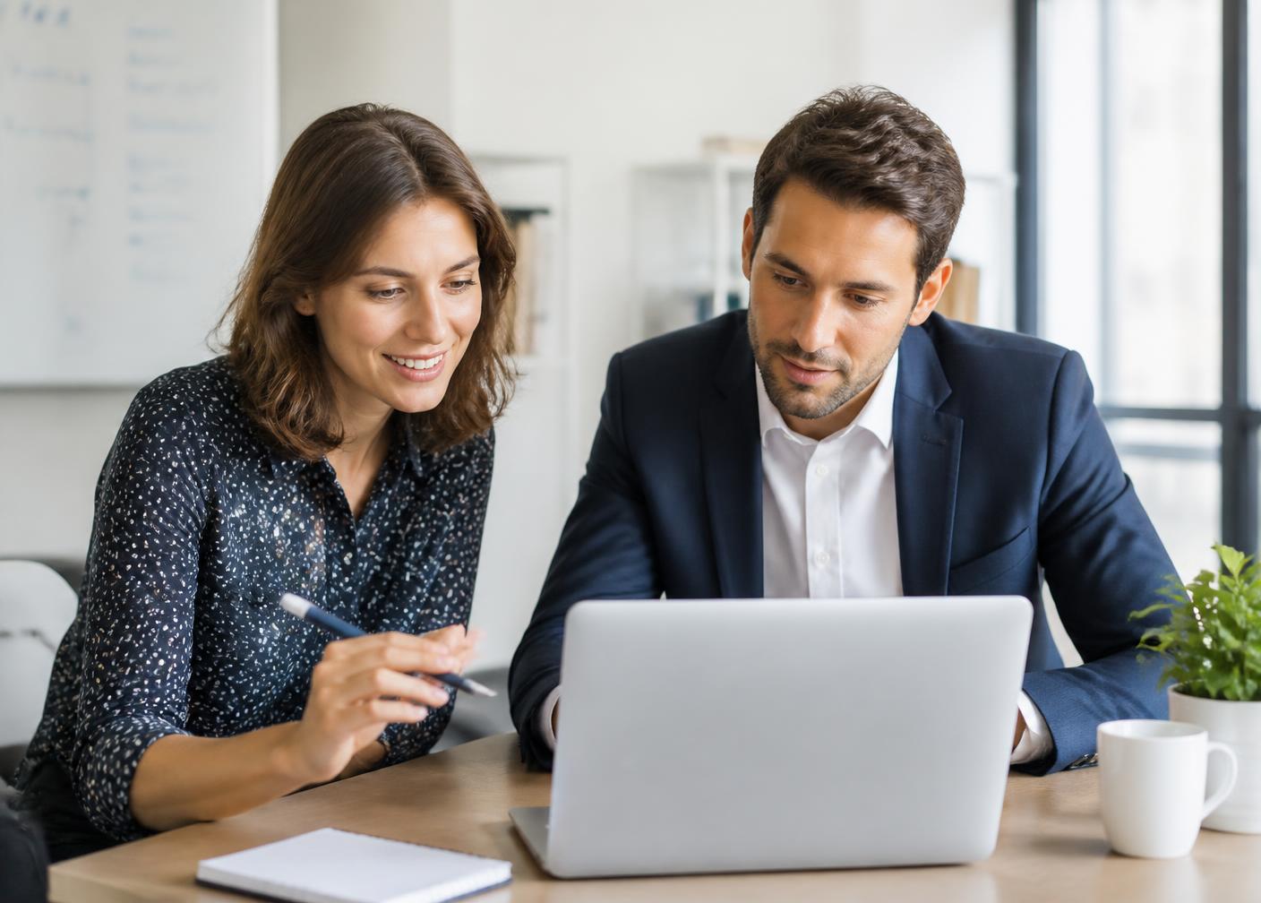 Beraterin und Kunde besprechen gemeinsam die Einrichtung des digitalen Arbeitsplatzes