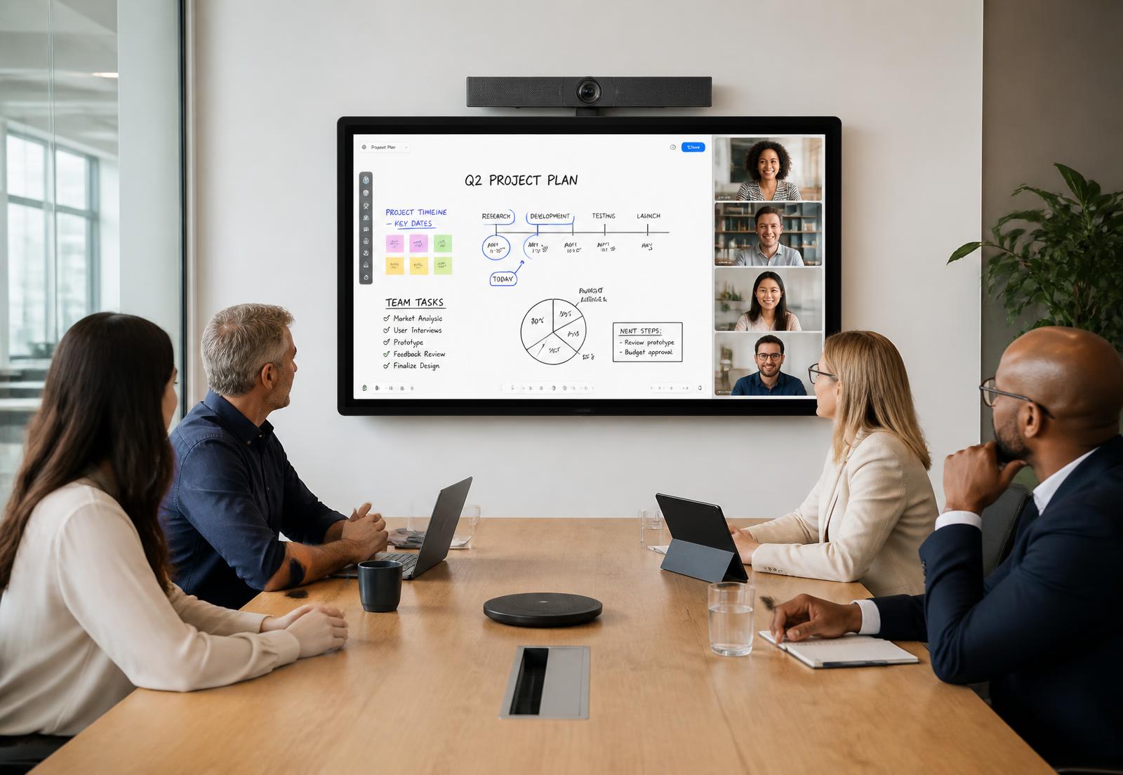 Hybrides Teammeeting in einem modernen Konferenzraum mit NearHub-Smartboard